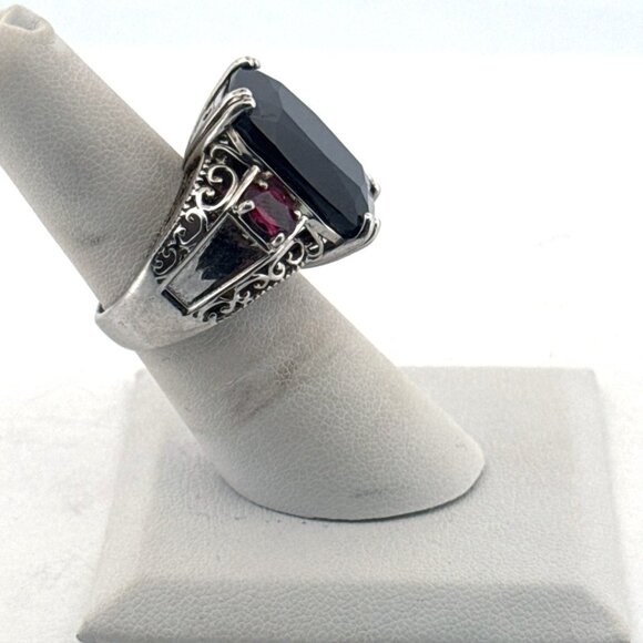 Estate Sterling Silver 925 Filigree Ring Size 6 Large Black Stone & Red Accents - Picture 2 of 8